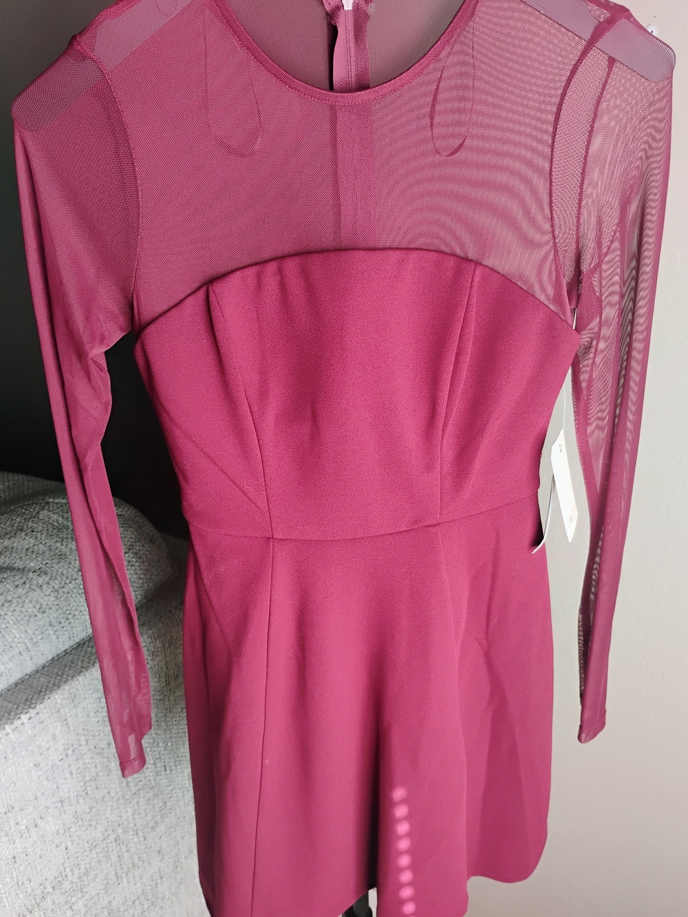 City Vibe Size S Burgundy Long-Sleeve Mesh Yoke Mini Dress